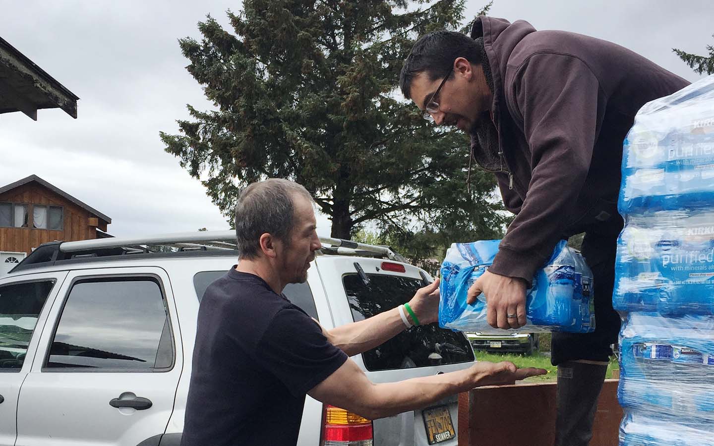 Donating pallets of bottled water in Kake, Alaska