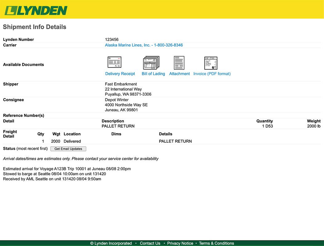 Shipment details provided in Lynden's EZ Commerce